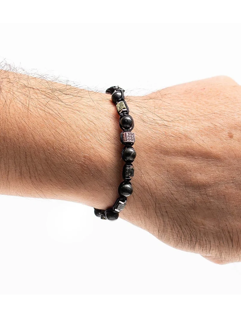 CHRYSOSTOMOS Handmade Adjustable Beaded Bracelet for Men with Black Cord and Green Agate