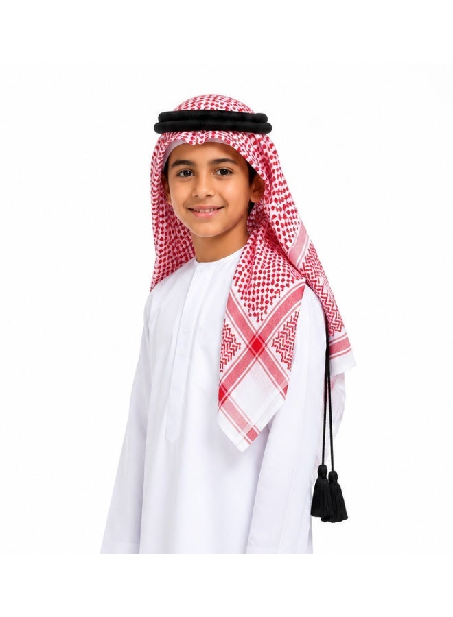 راحمة كوليكشنز طقم حجاب عربي تقليدي للأطفال | غترة/شماغ مع حلقة عقال سوداء وغطاء داخلي، تصميم إماراتي/سعودي أصيل، إكسسوار عربي كلاسيكي محتشم، غطاء رأس ثقافي مستوحى من الإمارات والسعودية، مثالي للأولاد - Image 1