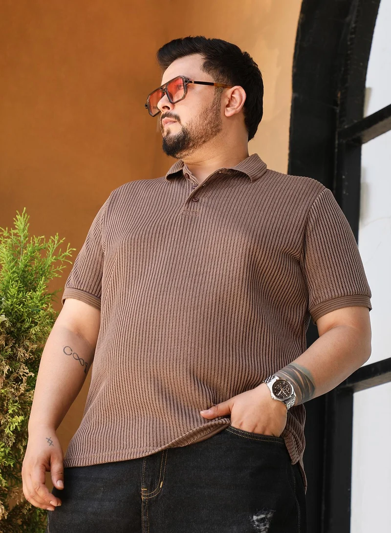 Instafab Plus Instafab Plus Men's Mocha Brown Solid Ribbed Polo T-Shirt For Casual Wear | Polo Neck | Short Cuffed Sleeves | Half-Button Closure | Plus Size T-Shirt Crafted With Comfort Fit For Everyday Wear