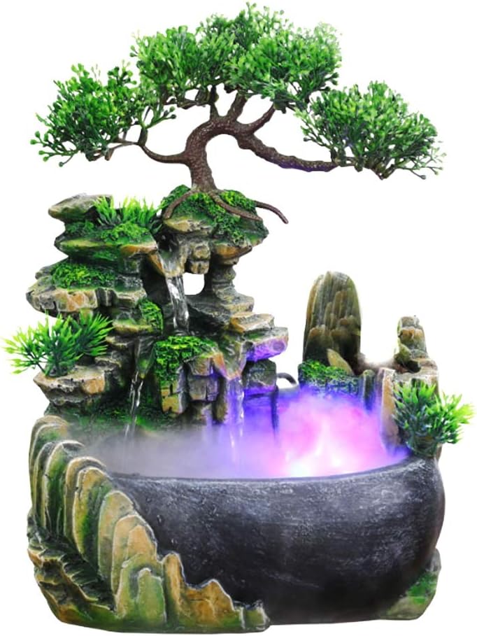 klarako Indoor Fountain, Tabletop Water Fountain Desktop Zen Meditation Waterfall Fountain with Rockery, Plant, Atomizing Humidifier for Office, Home, Bedroom Desk Décoration(US 110V) - Image 1