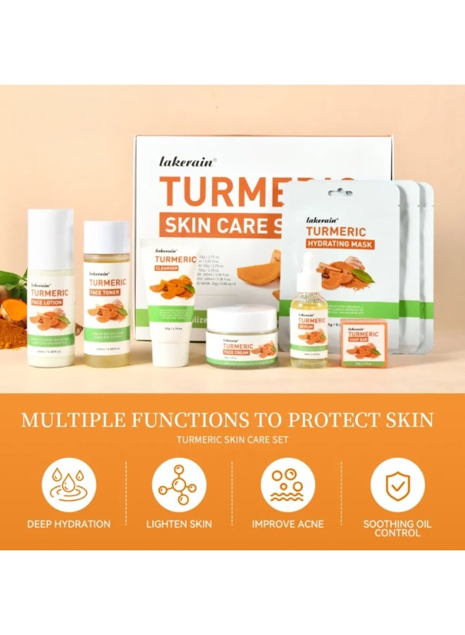 lakerain Turmeric Skincare Set with Cleanser Serum Face Cream Soap Bar Face Toner Lotion and Hydrating Facial Mask Nourishing Moisturizing Soothing Oil Control Facial Skin Care Gift Kit - Image 2