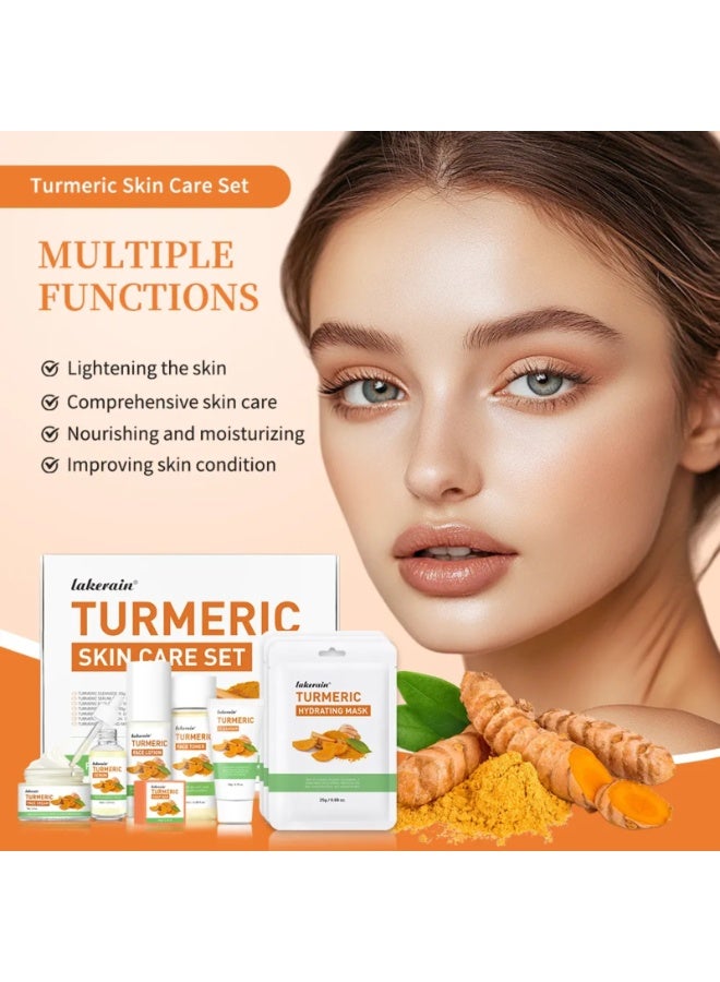 lakerain Turmeric Skincare Set with Cleanser Serum Face Cream Soap Bar Face Toner Lotion and Hydrating Facial Mask Nourishing Moisturizing Soothing Oil Control Facial Skin Care Gift Kit - Image 3