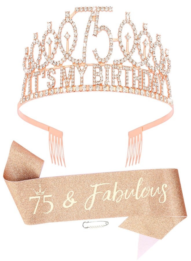 هابدو زينة عيد الميلاد الخامس والسبعين للنساء، مجموعة هدايا عيد الميلاد الخامس والسبعين لها - تاج ووشاح مع عبارة "75 ورائعة"، لون ذهبي وردي - Image 1