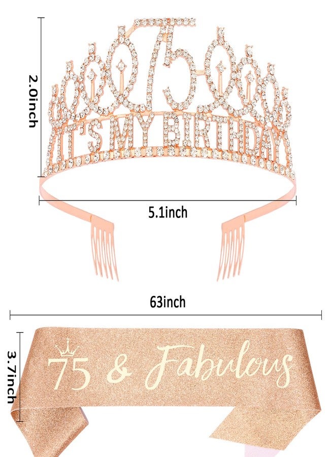 هابدو زينة عيد الميلاد الخامس والسبعين للنساء، مجموعة هدايا عيد الميلاد الخامس والسبعين لها - تاج ووشاح مع عبارة "75 ورائعة"، لون ذهبي وردي - Image 3