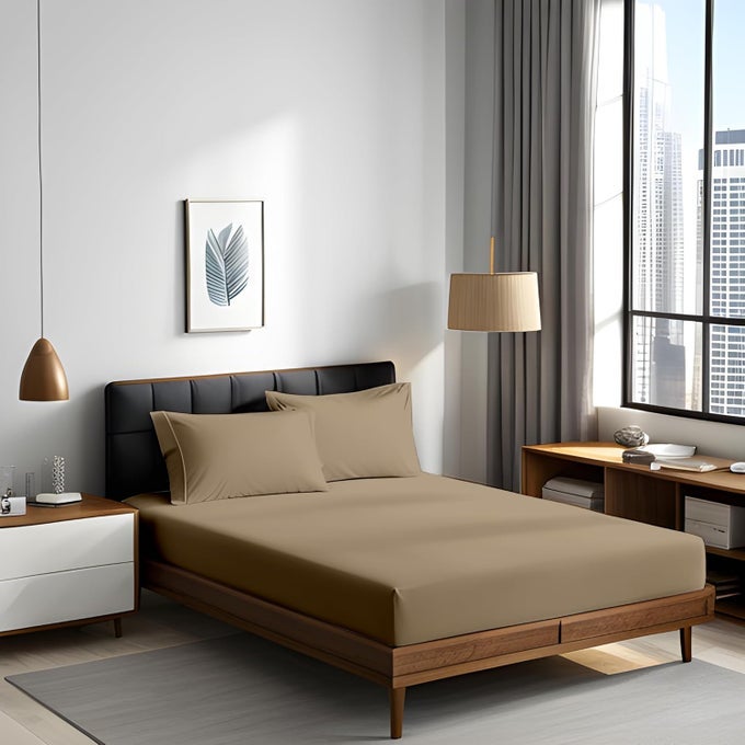 LUXURY FLAT BEDSHEET DOUBLE SIZE SOFT SMOOTH 100 COTTON 200 TC ANTIBACTERIAL N9 PURE SILVER FINISH 222CM X 254CM PILLOW COVERS SET OF 2 43 X 69 CM BROWN STONE
