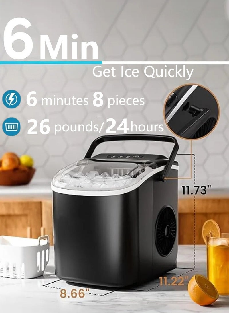 Valshar Portable Ice Maker Machine Countertop with Handle,26Lbs/24H,9 Bullet Ice Ready in 7 Mins,Self-Cleaning Function with Ice Scoop and Basket,Ideal for Home Office Kitchen (Black) - Image 1