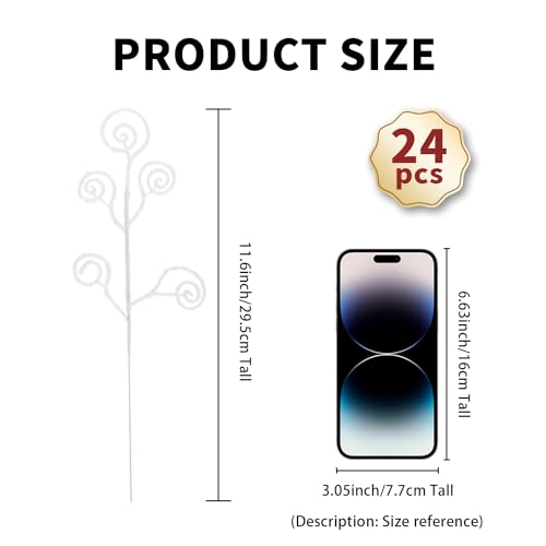 Kunjocy 24 Pieces Glitter Christmas Picks Ornaments Decorative Sticks Candy Picks Curly Sprays Twigs for Christmas Tree Branches Vase Fillers Crafts Wreath Garland Party Wedding Holiday 24 White - Image 3