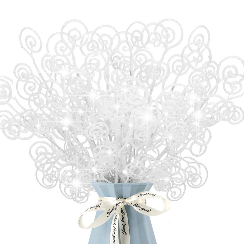 Kunjocy 24 Pieces Glitter Christmas Picks Ornaments Decorative Sticks Candy Picks Curly Sprays Twigs for Christmas Tree Branches Vase Fillers Crafts Wreath Garland Party Wedding Holiday 24 White - Image 2