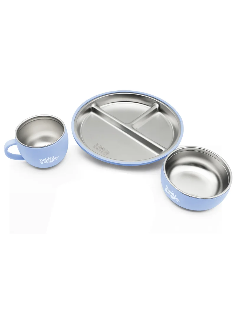 Babies Basic Babies Basic Stainless Steel Plate, Bowl, and Cup with Silicone Sleeve for Kids, Blue