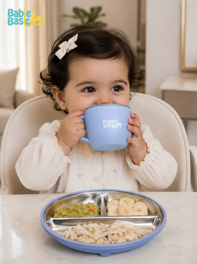 Babies Basic Babies Basic Stainless Steel Plate, Bowl, and Cup with Silicone Sleeve for Kids, Blue