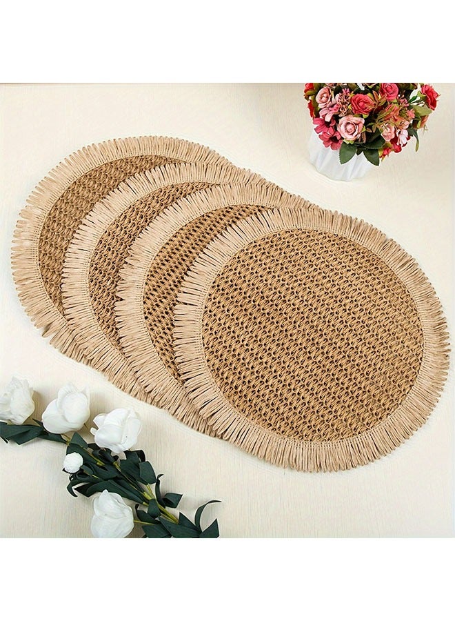 HOMESTAR 4pcs Boho Natural Jute Round Placemats with Fringe - 15" Rustic Farmhouse Table Mats for Indoor & Outdoor Dining, Hand Wash Only, Boho Dining Decor, Textured Table Setting, Linen Composition - Image 1