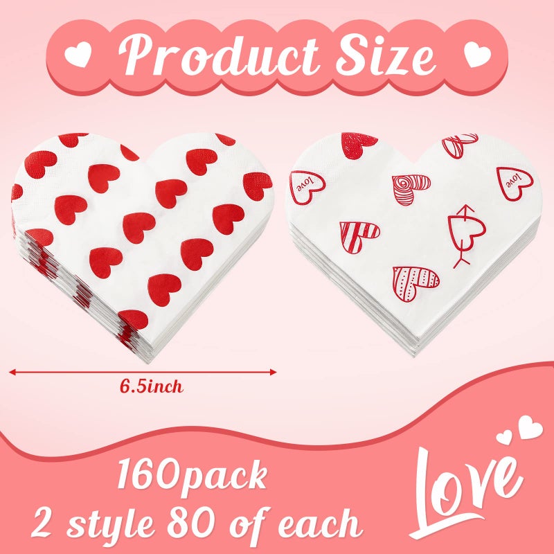 Outus 160 Pack Valentine's Day Cocktail Napkins Heart Shaped 6.5" x 6.5" Disposable Cocktail Paper Napkins for Valentine's Day Galentine's Party Wedding Gifts Decoration Favor Supplies - Image 2