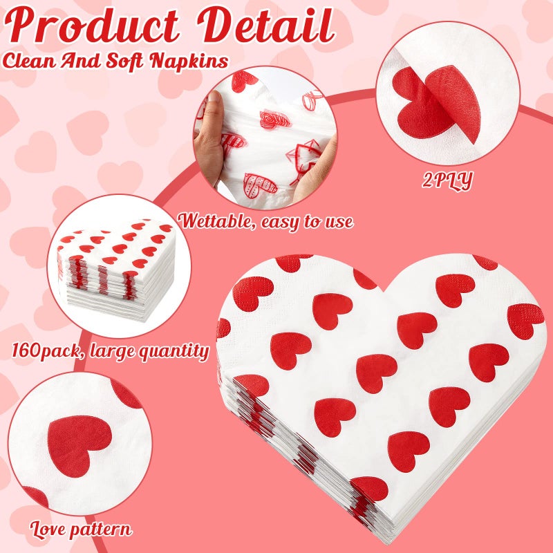 Outus 160 Pack Valentine's Day Cocktail Napkins Heart Shaped 6.5" x 6.5" Disposable Cocktail Paper Napkins for Valentine's Day Galentine's Party Wedding Gifts Decoration Favor Supplies - Image 3
