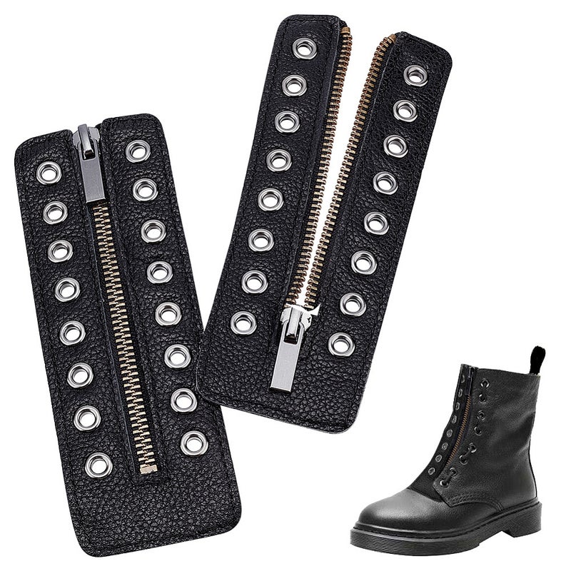 1pair PU Leather Lace-in Boot Zipper Inserts Tieless Shoe Laces with Brass Zipper Alloy Puller for Boots Black 165x60x4mm Hole: 5mm - Image 1