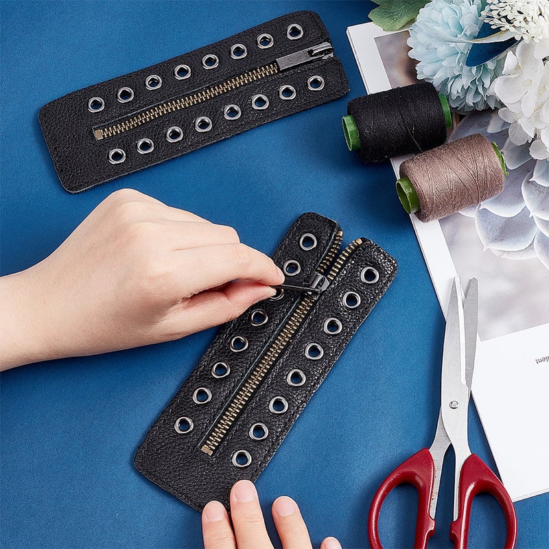 1pair PU Leather Lace-in Boot Zipper Inserts Tieless Shoe Laces with Brass Zipper Alloy Puller for Boots Black 165x60x4mm Hole: 5mm - Image 3