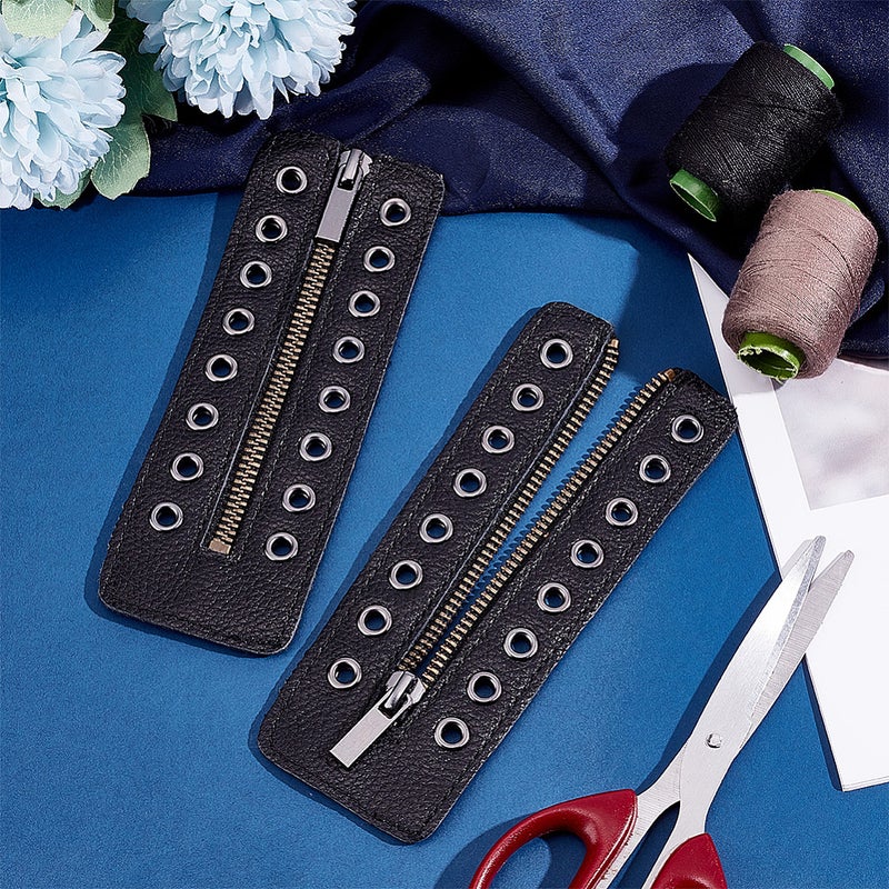1pair PU Leather Lace-in Boot Zipper Inserts Tieless Shoe Laces with Brass Zipper Alloy Puller for Boots Black 165x60x4mm Hole: 5mm - Image 5