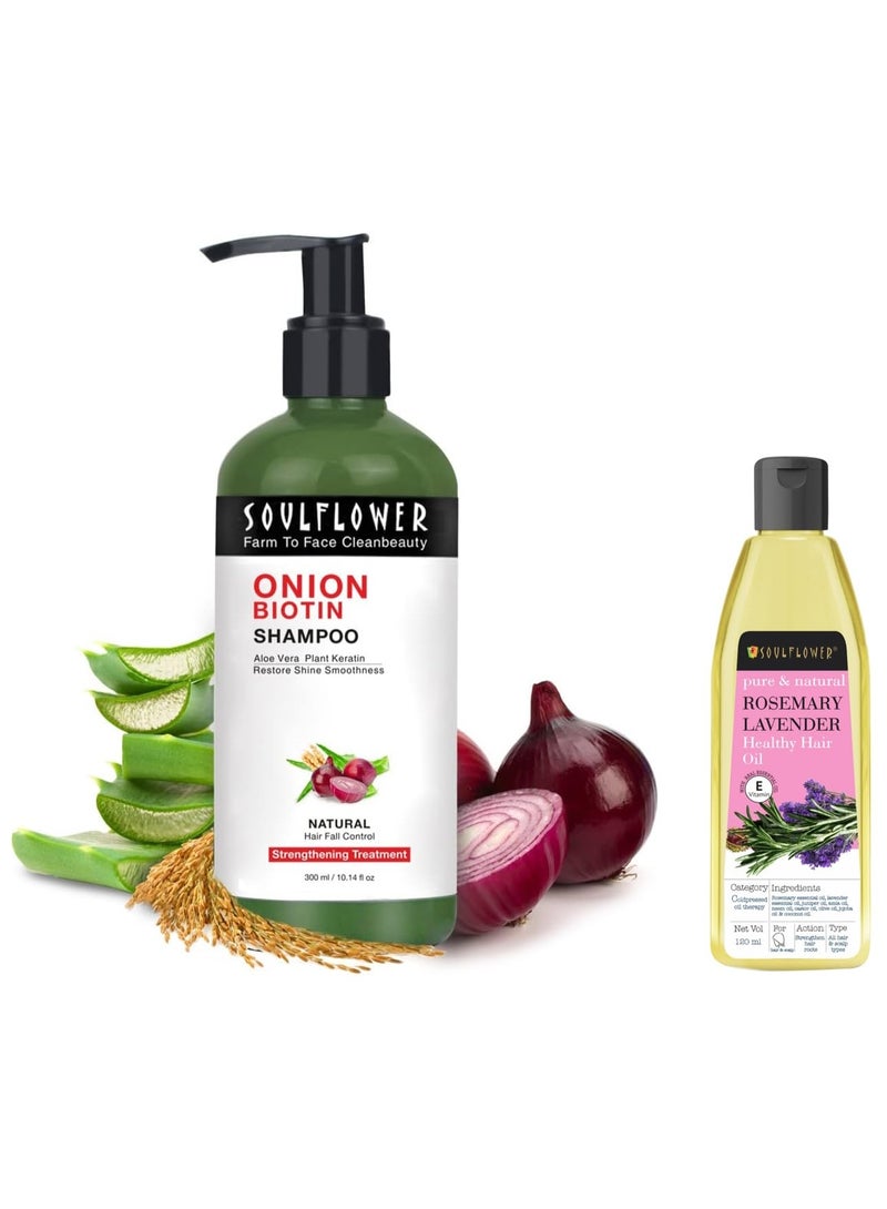 Soulflower Rosemary Lavender Hair Natural Undiluted Cold Pressed Oil, 120Ml and Soulflower Onion Biotin Shampoo Aloevera, Plant Keratin, Reetha, Shikakai & Neem - SLS & Paraben Free| 300ml - Image 1