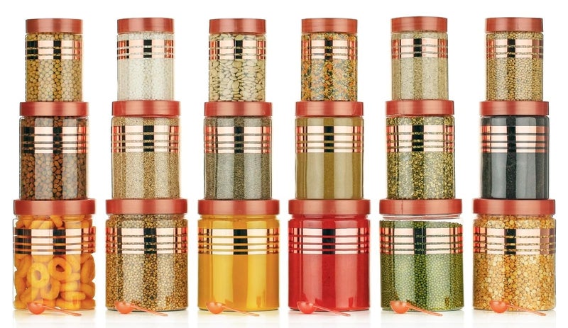 happi مجموعة حاويات متعددة الاستخدامات من البلاستيك غير القابل للكسر بتصميم خط وردي ذهبي لصندوق ماسالا لتخزين المطبخ، عبوة من 18 (6 قطع من كل من 350 مل، 650 مل، 1200 مل مع 18 ملعقة) - Image 2