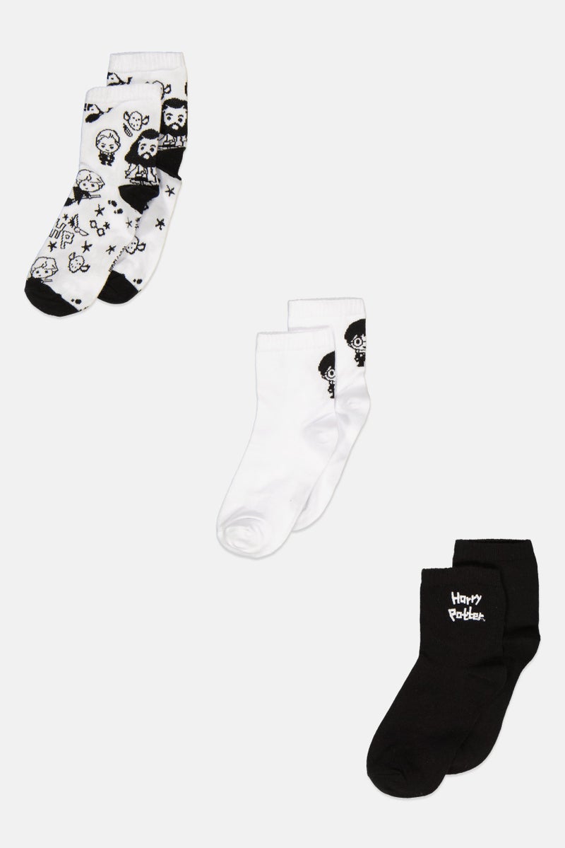 Harry Potter Women 3 Pairs Embroidered Ankle Sock, Black/White - Image 1