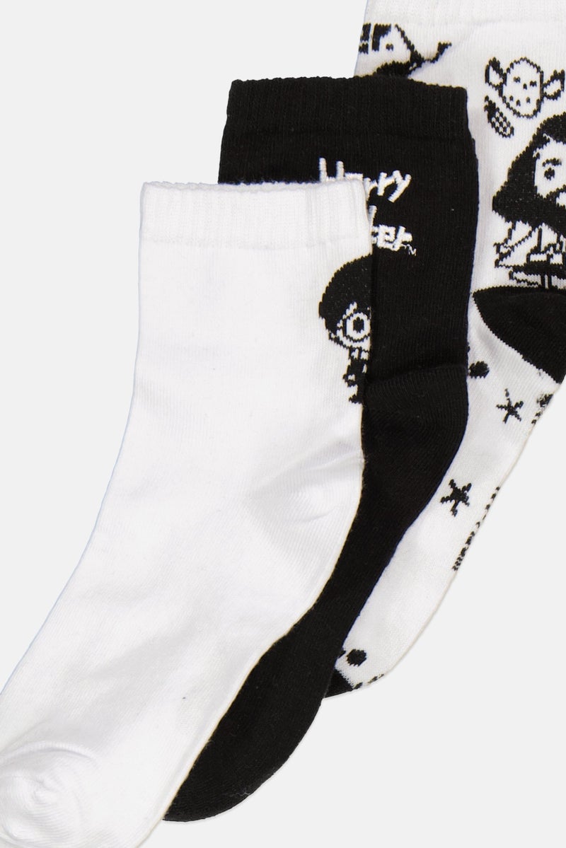 Harry Potter Women 3 Pairs Embroidered Ankle Sock, Black/White - Image 2