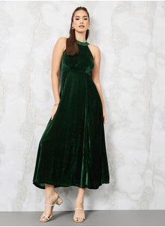 Velvet Halter Neck A-Line Maxi Dress