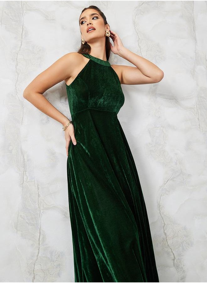 Styli - Velvet Halter Neck A-Line Maxi Dress - Image 1