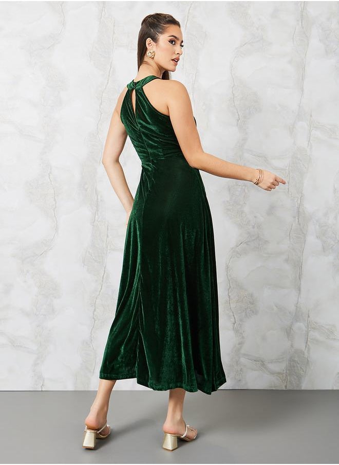 Styli - Velvet Halter Neck A-Line Maxi Dress - Image 1