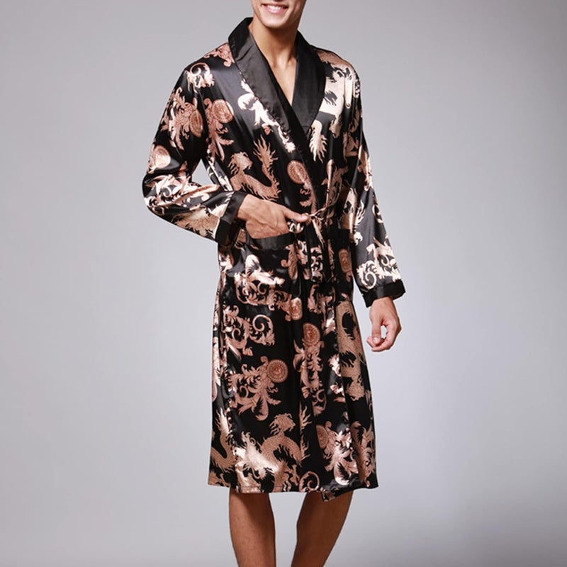 HALAMODO Men's Plus Size Silk Bathrobe with Tie Neck and Long Sleeves (Black, XXXL) - Image 5