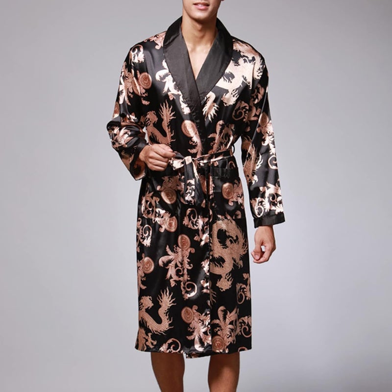 HALAMODO Men's Plus Size Silk Bathrobe with Tie Neck and Long Sleeves (Black, XXXL) - Image 4