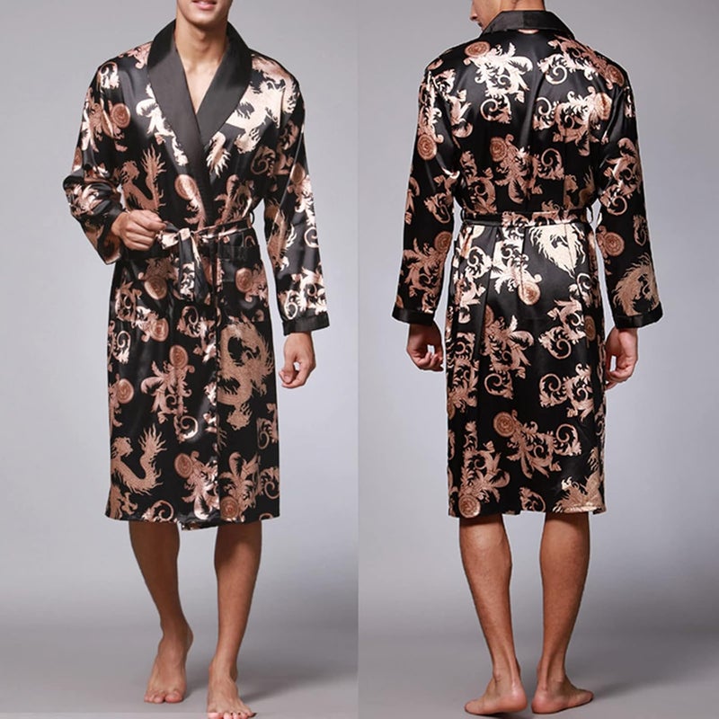 HALAMODO Men's Plus Size Silk Bathrobe with Tie Neck and Long Sleeves (Black, XXXL) - Image 2