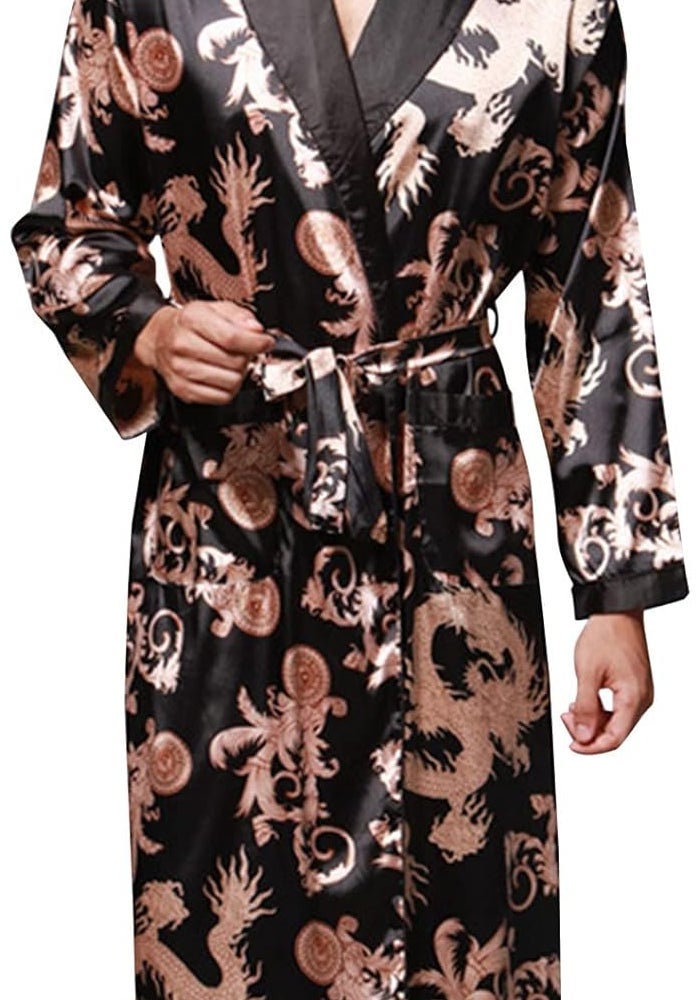 HALAMODO Men's Plus Size Silk Bathrobe with Tie Neck and Long Sleeves (Black, XXXL) - Image 1