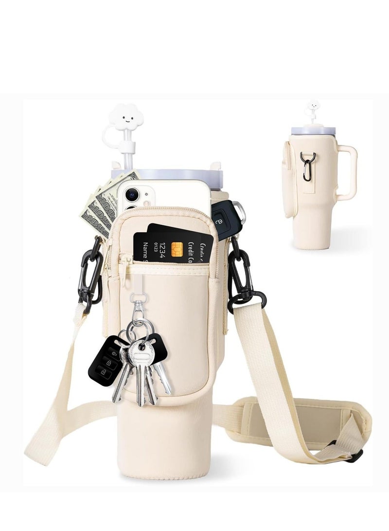 Stanley Water Bottle Carrier Bag for Stanley 40oz Tumbler, Water Bottle Holder with Pouch and Adjustable Strap, Sleeve Accessories with Pocket for 40oz Cup (White) - Image 1