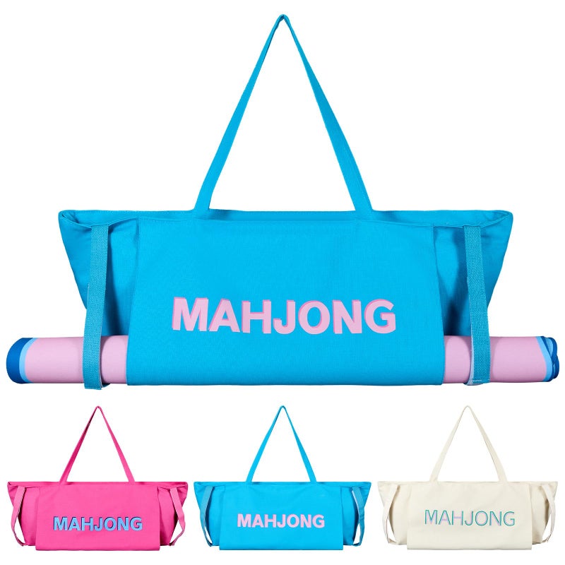 Abbylike 28x9 Inches Mahjong Bag for Rolled Mat Tiles Racks Pushers Accessories Empty Mahjong Canvas Tote Bag with Zipper Closure Outer Pockets Lining Large Capacity(Blue) - Image 1