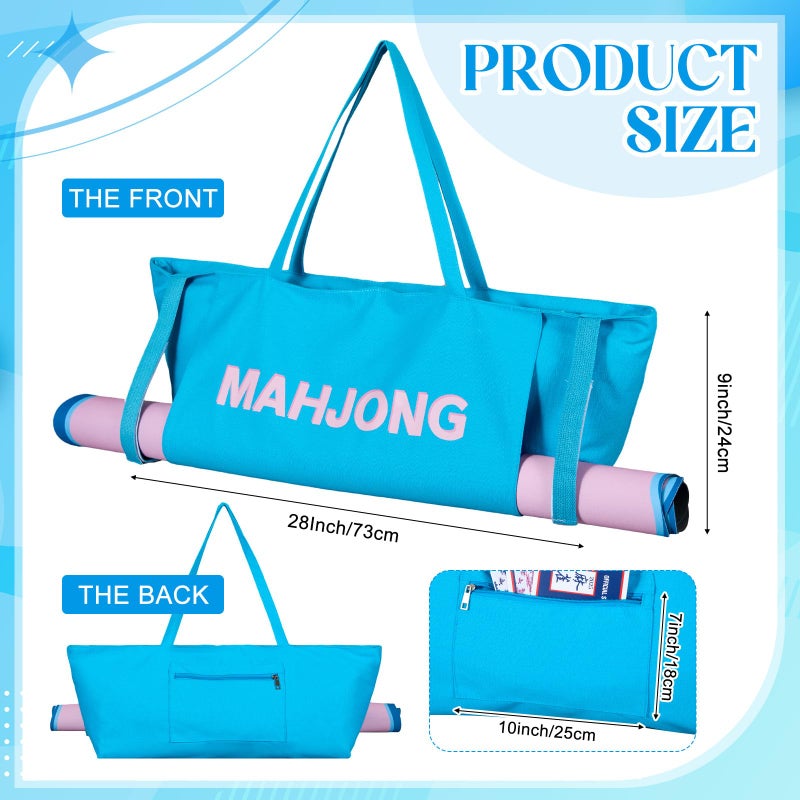 Abbylike 28x9 Inches Mahjong Bag for Rolled Mat Tiles Racks Pushers Accessories Empty Mahjong Canvas Tote Bag with Zipper Closure Outer Pockets Lining Large Capacity(Blue) - Image 3
