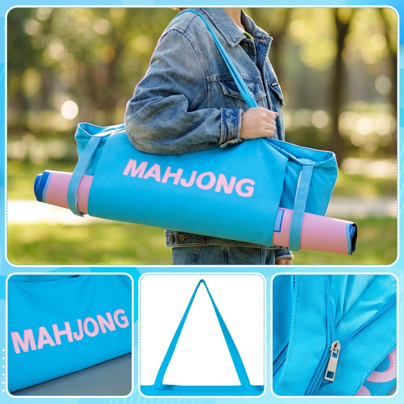 Abbylike 28x9 Inches Mahjong Bag for Rolled Mat Tiles Racks Pushers Accessories Empty Mahjong Canvas Tote Bag with Zipper Closure Outer Pockets Lining Large Capacity(Blue) - Image 4