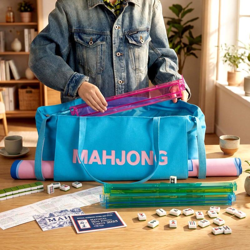 Abbylike 28x9 Inches Mahjong Bag for Rolled Mat Tiles Racks Pushers Accessories Empty Mahjong Canvas Tote Bag with Zipper Closure Outer Pockets Lining Large Capacity(Blue) - Image 5