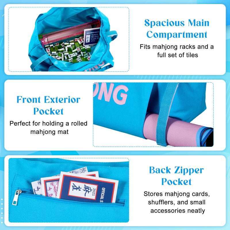 Abbylike 28x9 Inches Mahjong Bag for Rolled Mat Tiles Racks Pushers Accessories Empty Mahjong Canvas Tote Bag with Zipper Closure Outer Pockets Lining Large Capacity(Blue) - Image 2