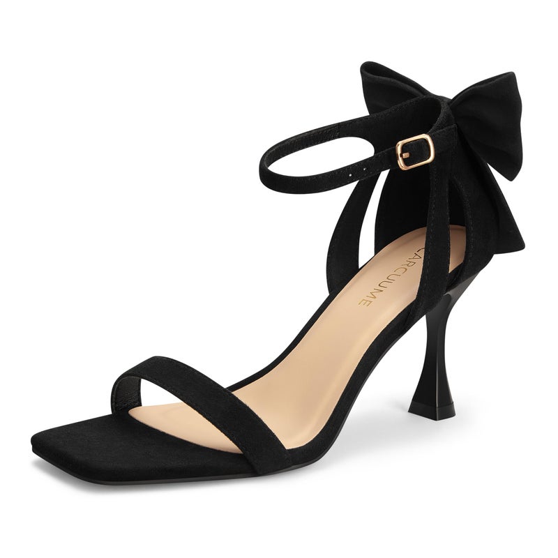 Carcuume Women's Square Toe Heels Bow Tie Ankle Strap Heel Sandals Open Toe Wedding Shoes, ZETA-BLACK-7 - Image 1
