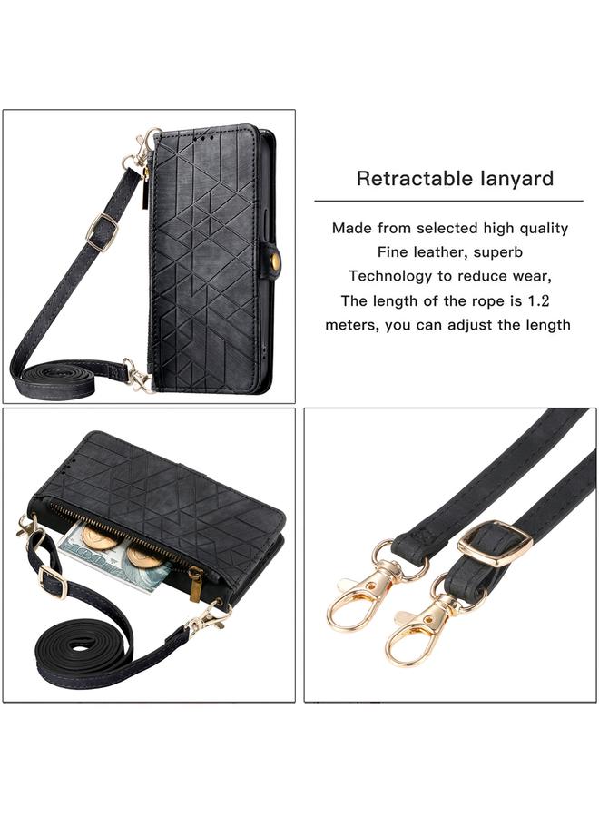S-TOP Case For iPhone 15 Pro Geometric Zipper Wallet Side Buckle Leather Phone Case with Crossbody Lanyard - Image 4