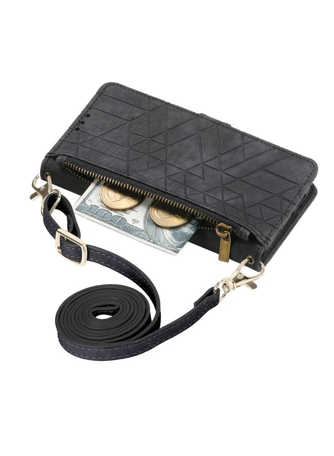 S-TOP Case For iPhone 15 Pro Geometric Zipper Wallet Side Buckle Leather Phone Case with Crossbody Lanyard - Image 2