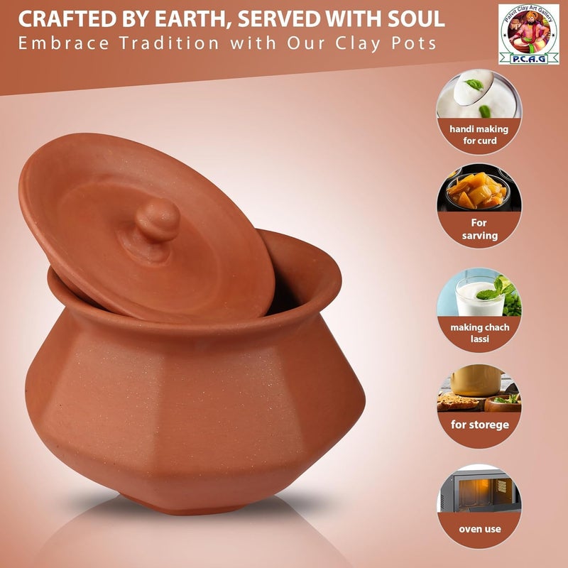 PALVIT CLAY ART GALLERY (P.C.A.G) Biryani Handi/Pot for Cooking and Serving with Lid Stylish Clay Curd Pot/Mitti Handi/Curd Bowl with Lid Mathani Coocking Handi Terracotta Mitti Handi (Phal Handi, 800ml) - Image 5