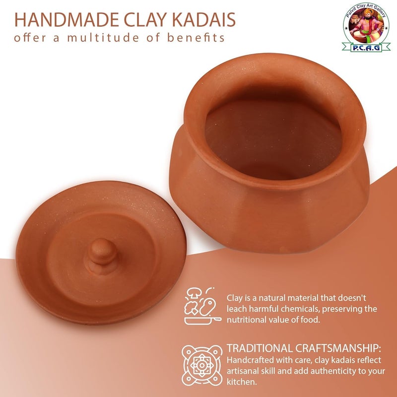 PALVIT CLAY ART GALLERY (P.C.A.G) Biryani Handi/Pot for Cooking and Serving with Lid Stylish Clay Curd Pot/Mitti Handi/Curd Bowl with Lid Mathani Coocking Handi Terracotta Mitti Handi (Phal Handi, 800ml) - Image 2