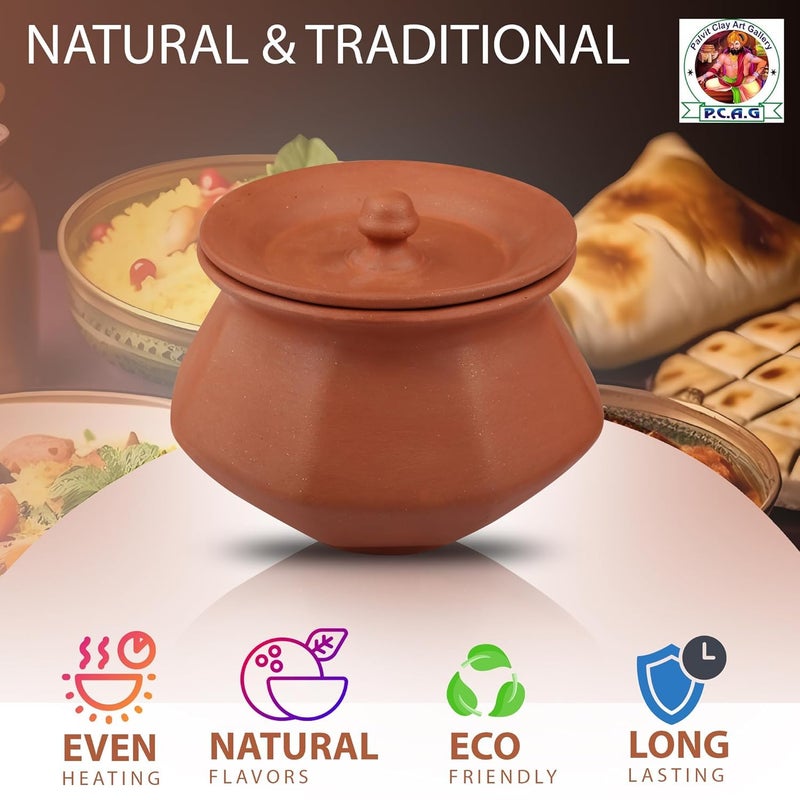PALVIT CLAY ART GALLERY (P.C.A.G) Biryani Handi/Pot for Cooking and Serving with Lid Stylish Clay Curd Pot/Mitti Handi/Curd Bowl with Lid Mathani Coocking Handi Terracotta Mitti Handi (Phal Handi, 800ml) - Image 3