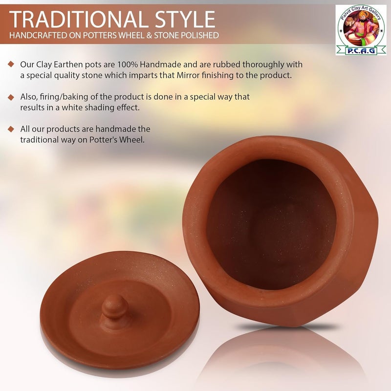 PALVIT CLAY ART GALLERY (P.C.A.G) Biryani Handi/Pot for Cooking and Serving with Lid Stylish Clay Curd Pot/Mitti Handi/Curd Bowl with Lid Mathani Coocking Handi Terracotta Mitti Handi (Phal Handi, 800ml) - Image 4