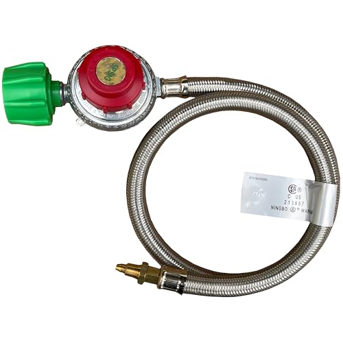King Kooker 30502 High Pressure Adjustable Regulator with Type 1 Connection and Stainless Steel Braided Hose with 1/8-Inch Male Pipe Thread End Fitting with Orifice - Image 1