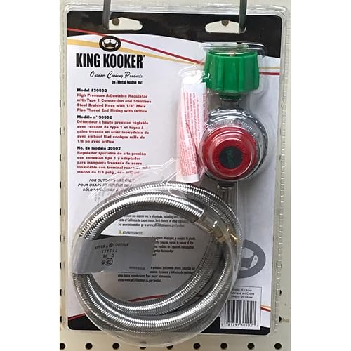 King Kooker 30502 High Pressure Adjustable Regulator with Type 1 Connection and Stainless Steel Braided Hose with 1/8-Inch Male Pipe Thread End Fitting with Orifice - Image 2