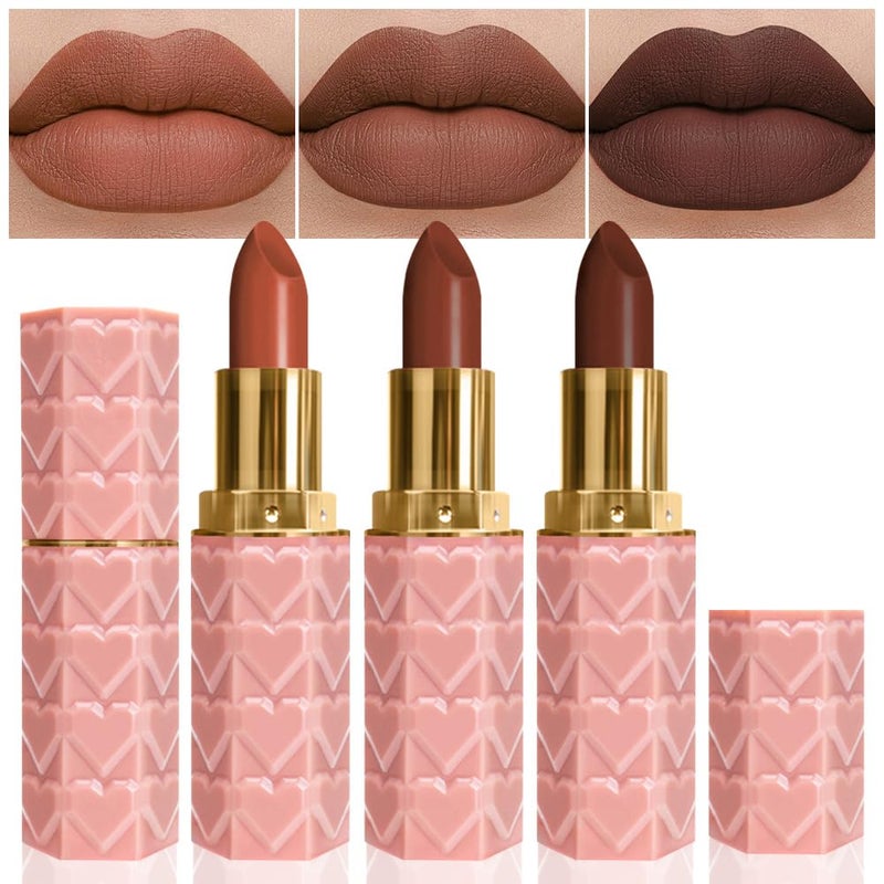 evpct 3Pcs Dark Deep Orange Brown Coffee Nude Matte Lipstick Sets for Women 24 Hour Matt Matte Lipstick Long Lasting Waterproof and Smudge Proof Fall Color Lipstick Shades Dark Brown Lip Liner Set 02 - Image 1