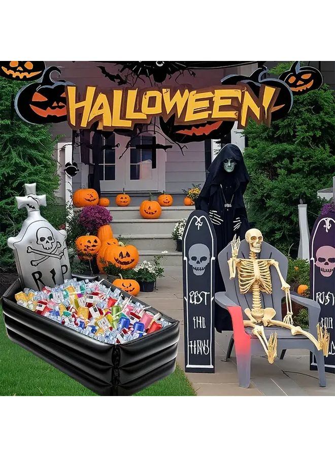 Inflatable Tombstone Halloween Decor With Skeleton Bat Cutouts Holds 12 Bottles - Image 1