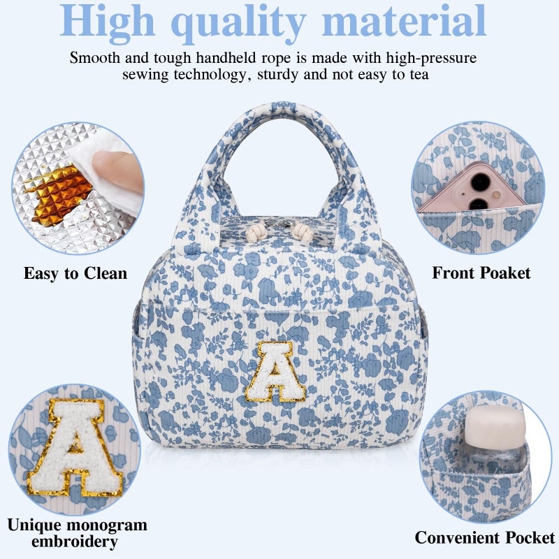 Gosect Large Lunch Bag for Women Men Cute Corduroy Lunch Tote Bags Reusable Lunch Box Adult Leakproof Portable Cooler Bag for Work Picnic or Travel Use (BlueWhite A) - Image 3