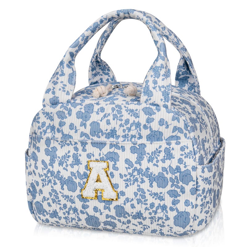 Gosect Large Lunch Bag for Women Men Cute Corduroy Lunch Tote Bags Reusable Lunch Box Adult Leakproof Portable Cooler Bag for Work Picnic or Travel Use (BlueWhite A) - Image 1